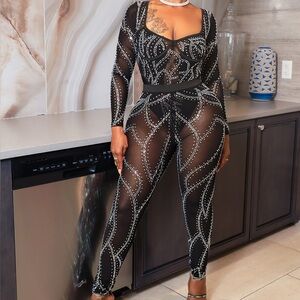 Black Sheer Bodysuit with Silver Accents